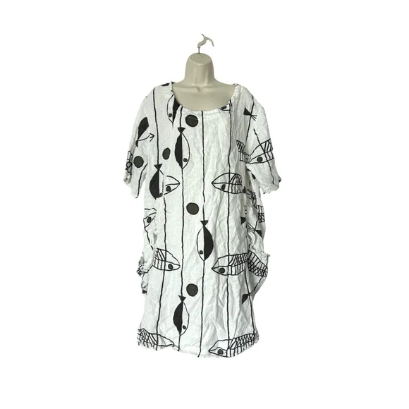 Vasna 100% Linen Fish Print Dress Plus Sz 1X Pockets Lagenlook Coastal Beach Art - Picture 2 of 10